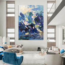 Load image into Gallery viewer, “Impressionistic Lotus Pond” - Blue, Pink, Green Floral Art on Canvas DKH1298

