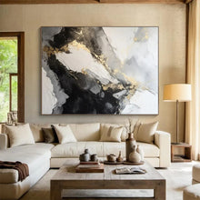 Load image into Gallery viewer, Gray - Gold Abstract Peaks Art for Mountain Lodge &amp; Luxury Home Office LargeART0871
