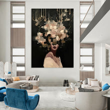Load image into Gallery viewer, “Floral Veil in Darkness” – Woman with soft, pale flowers and greenery covering her head, dark setting. DTP326
