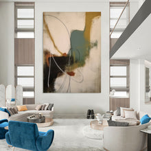 Load image into Gallery viewer, “Colorful Chaos” – Curved lines, blocks of teal, mustard, and rust on white DTP364
