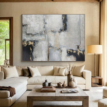 Load image into Gallery viewer, Gray - Toned Geometric Abstract Painting On Canvas with Gold Accents DKH351
