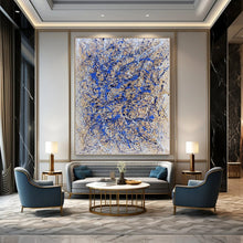 Load image into Gallery viewer, “Blue and White Drip Abstract on Beige” - Action - Painting - Style Art on Canvas DKH1580
