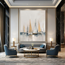 Load image into Gallery viewer, “Gilded Sailboats at Sea” - Grey, Gold, and Blue Nautical Art on Canvas DKH1416
