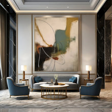 Load image into Gallery viewer, “Colorful Chaos” – Curved lines, blocks of teal, mustard, and rust on white DTP364
