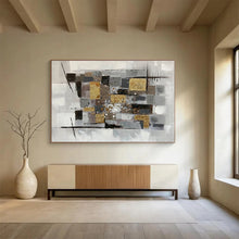 Load image into Gallery viewer, Gray - Gold Abstract Painting On Canvas with Geometric Textures DKH353
