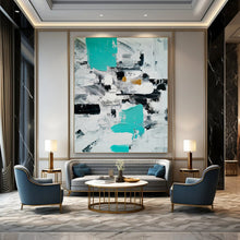 Load image into Gallery viewer, “Abstract Minimalist Color Blocks” - Teal, Grey, White Geometric Art on Canvas DKH1347
