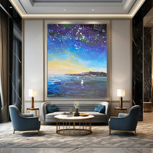 Load image into Gallery viewer, Starry Coastline Sailboats Abstract Painting, Suited for Coastal Bedroom &amp; Stargazing Lounge LargeART1902
