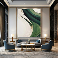 Load image into Gallery viewer, “Green &amp; White Flowing Abstraction” - Fluid Abstract Art on Canvas DKH1468
