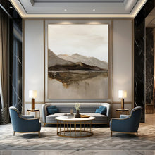 Load image into Gallery viewer, “Mountain Mirror” – Muted grays, browns, beiges with thick brushstrokes of mountains and reflection DTP358
