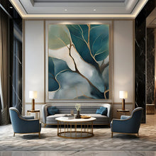 Load image into Gallery viewer, Nature - Inspired Abstract Painting, Teal &amp; Gold Foliage Art for Calming Bedroom &amp; Minimalist Living Room LargeART2253
