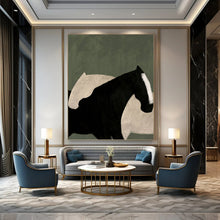 Load image into Gallery viewer, “Abstract Horse Embrace” - Black, White, and Green Animal Art on Canvas DKH1411
