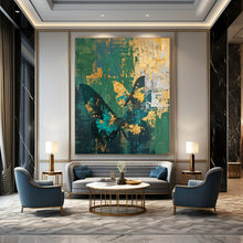Load image into Gallery viewer, Green &amp; Gold Butterfly Abstract Painting, Ideal for Bohemian Living Room &amp; Nature - Inspired Bedroom LargeART1883
