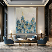 Load image into Gallery viewer, Blue &amp; Gold Abstract Cityscape Painting, Perfect for Modern Living Room &amp; Stylish Home Office LargeART2080
