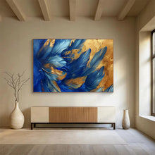 Load image into Gallery viewer, Hand - painted Blue Feathers with Gold Highlights Acrylic Art for Chic Living Room Walls LargeART1708
