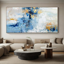 Load image into Gallery viewer, Blue, White, and Gold Abstract Acrylic Art - Suited for Modernist Penthouse &amp; Elegant Dining Room LargeART0643

