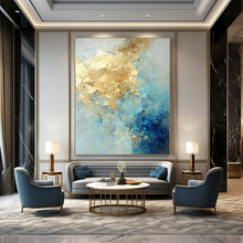 Load image into Gallery viewer, “Sky Gold Flurry” – Blue, Gray &amp; Gold Abstract Acrylic with Textured Cloud - like Forms DTP071
