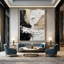 Load image into Gallery viewer, “Textured Monochrome” ，Black, white, beige, and gold with thick, textured brushstrokes. DTP301
