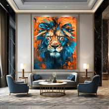 Load image into Gallery viewer, Bold Abstract Lion Art, Blue - and - Orange Toned Painting for Masculine Office &amp; Wildlife - Themed Man Cave LargeART2212
