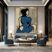 Load image into Gallery viewer, “Abstract Blue Figure” - Blue, Black, and Beige Figurative Art on Canvas DKH1417
