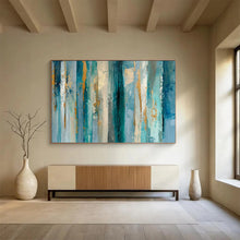 Load image into Gallery viewer, Hand - painted Blue and Gold Vertical Strokes Acrylic Art for Luxurious Hotel Lobbies LargeART1715
