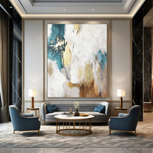 Load image into Gallery viewer, White, Teal &amp; Gold Abstract Painting, Perfect for Glamorous Dining Room &amp; Luxe Living Area LargeART1924
