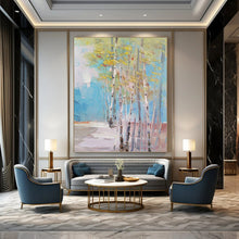 Load image into Gallery viewer, “Colorful Birch Grove Abstract” - Blue, Green, Yellow Landscape Art on Canvas DKH1300
