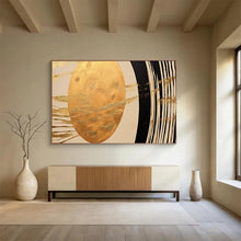 Load image into Gallery viewer, Hand - painted Gold Oval with Black and White Lines Acrylic Art for Art - Inspired Home Libraries LargeART1712
