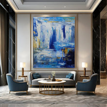 Load image into Gallery viewer, “Blue and Gold Waterfall Abstract” - Blue, Gold, White Abstract Art on Canvas DKH1332

