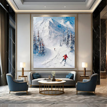 Load image into Gallery viewer, “Textured Mountain Skiers” ，Thick white impasto for mountains, with detailed skiers and snow - covered trees in blue and white. DTP313
