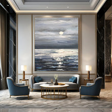 Load image into Gallery viewer, “Moonlit Sea Landscape” - Blue, Grey, White Landscape Art on Canvas DKH1293
