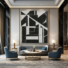 Load image into Gallery viewer, “Geometric Black - and - White Collage” - Black, White Abstract Geometric Art on Canvas DKH1151
