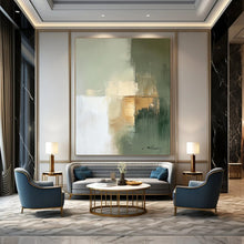 Load image into Gallery viewer, Green &amp; Gold Abstract Geometric Painting, Ideal for Minimalist Bedroom &amp; Chic Office LargeART2081
