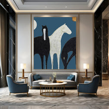 Load image into Gallery viewer, “Stylized Black &amp; White Horses” - Minimalist Equine Art on Canvas DKH1440
