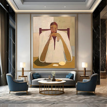 Load image into Gallery viewer, “Seated Figure in White Cloak” – Contemplative Figurative Painting with Minimalist Setting DTP142
