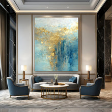 Load image into Gallery viewer, “Aqua - Gold Cascade” – Blue, Aqua &amp; Gold Abstract Acrylic with Cascading Textures DTP063
