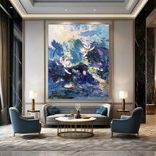 Load image into Gallery viewer, “Impressionistic Lotus Pond” - Blue, Pink, Green Floral Art on Canvas DKH1298
