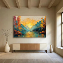Load image into Gallery viewer, Mountain Sunset “Golden Reflections” Painting on Canvas, Breathtaking Landscape Art DKH907
