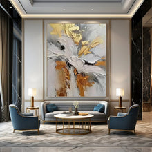 Load image into Gallery viewer, “Gilded Floral Impasto” - Gold, Grey, and White Flower Art on Canvas DKH1386

