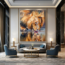 Load image into Gallery viewer, “Lion Drinking at Water” - Realistic Wildlife Art on Canvas DKH1647
