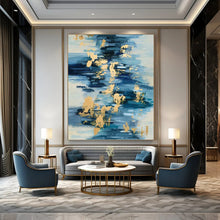 Load image into Gallery viewer, “Blue and Gold Ripples” Abstract Water - Inspired Painting on Canvas, Elegant Fluid Art DKH931
