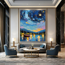 Load image into Gallery viewer, Colorful Starry Night Boat Abstract Painting, Ideal for Coastal Home Office &amp; Dreamy Guest Bedroom LargeART1886
