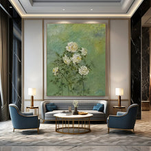 Load image into Gallery viewer, Textured White Rose Abstract on Green, Perfect for Serene Bedroom &amp; Peaceful Meditation Corner LargeART1987
