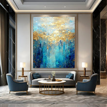 Load image into Gallery viewer, “Blue - Gold Forest” – Blue, Aqua &amp; Gold Abstract Acrylic with Textured Trees DTP065

