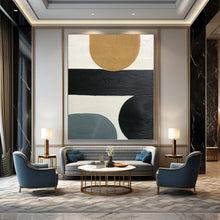 Load image into Gallery viewer, “Multicolor Ribbed Shapes Collage” - Black, Beige, Blue Abstract Art on Canvas DKH1177

