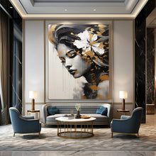 Load image into Gallery viewer, Portrait Abstract Painting, Black, White &amp; Gold, Feminine Art for Salon &amp; Bedroom LargeART2170
