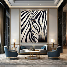 Load image into Gallery viewer, “Gilded Zebra Gaze” - Black, White &amp; Gold Animal Portrait on Canvas DKH1446
