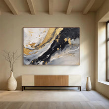 Load image into Gallery viewer, Hand - painted Black, White, and Gold Fluid Strokes Acrylic Art for Stylish Bathroom Decor LargeART1710
