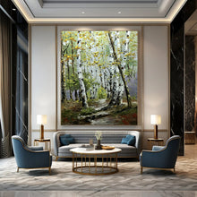 Load image into Gallery viewer, Green &amp; Yellow Birch Forest Abstract Painting, Ideal for Nature - Lover’s Living Room &amp; Cozy Reading Nook LargeART2093
