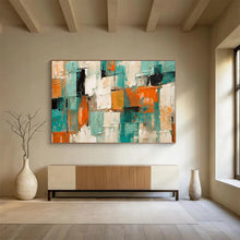 Load image into Gallery viewer, Hand - painted Teal, Orange, and White Textured Squares Acrylic Art for Artistic Studio Workspaces LargeART1721

