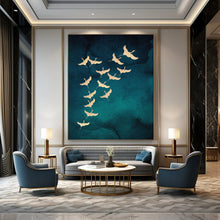 Load image into Gallery viewer, Teal &amp; Gold Cranes Abstract Painting, Ideal for Elegant Dining Room &amp; Cultural Art Gallery LargeART1919
